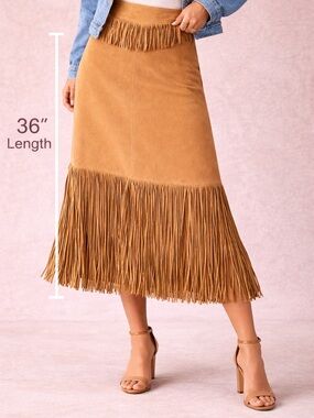 Erez Levy Genuine Suede Fringe Midi Skirt Western Boho Tan Brown Festival